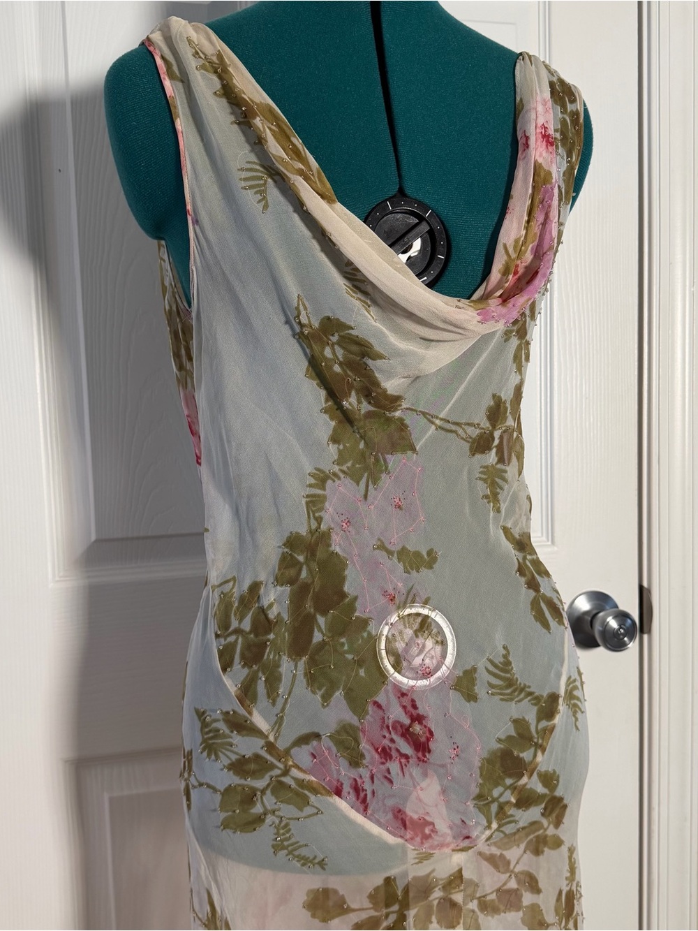 Sheer Floral Mesh Maxi Dress Romantic Fairycore Cowl Neck Slip Dress Overlay - Picture 3 of 10